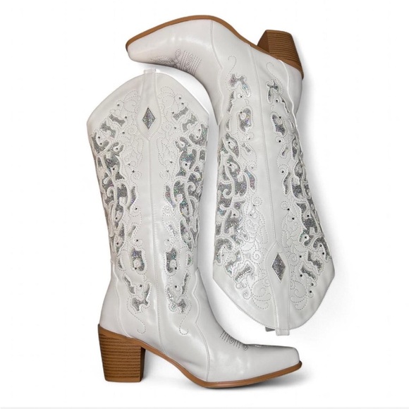White Western Cowgirl Boots with Sparkle Inlay – Size 9 - Picture 2 of 7